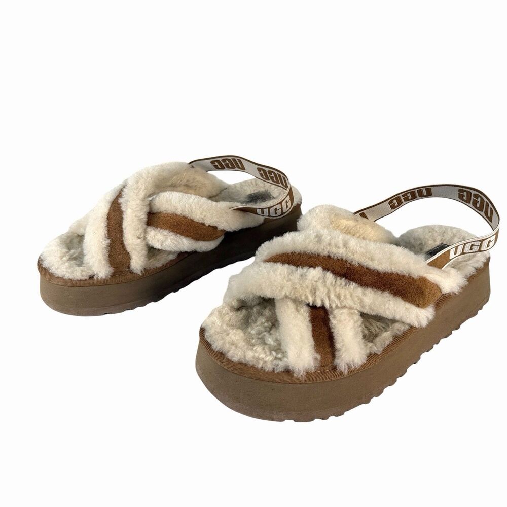 UGG Disco Cross Slide Sandals Beige Brown Furry Platform Wedge 1121550 Womens 11